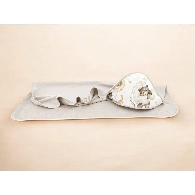 Prosop cu gluga, Qmini, Mare, Dimensiune 100x100 cm, Din bumbac si thermo fleece, Materiale certificate Oeko Tex Standard 100, Teddy Bear and Friends Beige