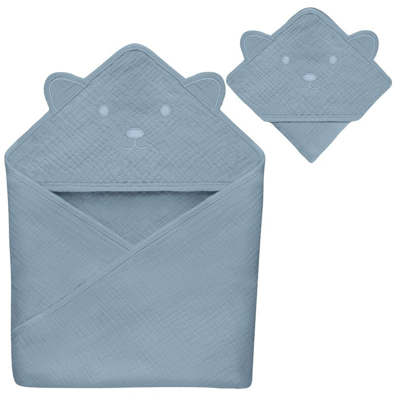 Prosop de baie, Lionelo, Cu gluga, Din muselina, 100% bumbac, 80x80 cm, Absorbtie eficienta, Albastru