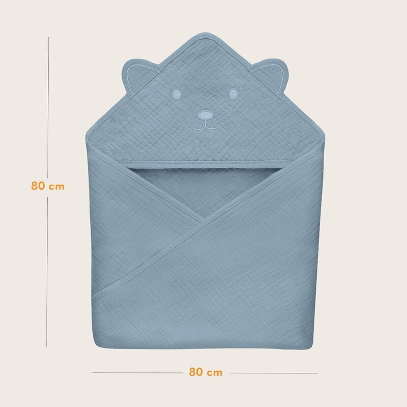 Prosop de baie, Lionelo, Cu gluga, Din muselina, 100% bumbac, 80x80 cm, Absorbtie eficienta, Albastru