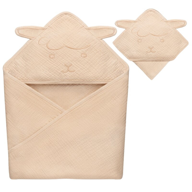 Prosop de baie, Lionelo, Cu gluga, Din muselina, 100% bumbac, 80x80 cm, Absorbtie eficienta, Bej deschis