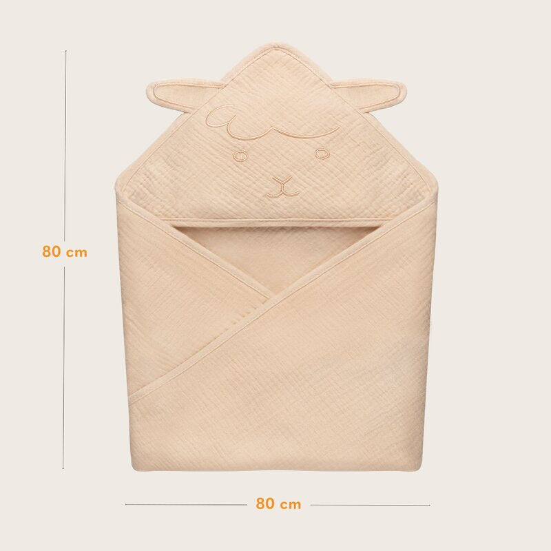 Prosop de baie, Lionelo, Cu gluga, Din muselina, 100% bumbac, 80x80 cm, Absorbtie eficienta, Bej deschis