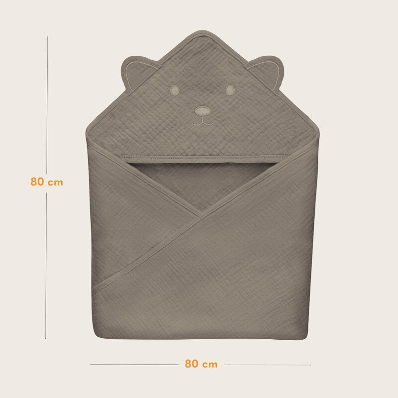 Prosop de baie, Lionelo, Cu gluga, Din muselina, 100% bumbac, 80x80 cm, Absorbtie eficienta, Bej inchis