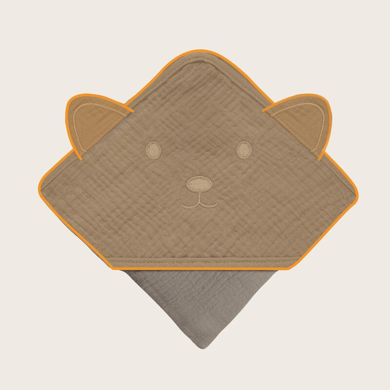 Prosop de baie, Lionelo, Cu gluga, Din muselina, 100% bumbac, 80x80 cm, Absorbtie eficienta, Bej inchis