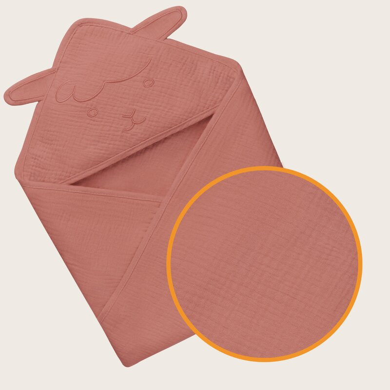 Prosop de baie, Lionelo, Cu gluga, Din muselina, 100% bumbac, 80x80 cm, Absorbtie eficienta, Rosu