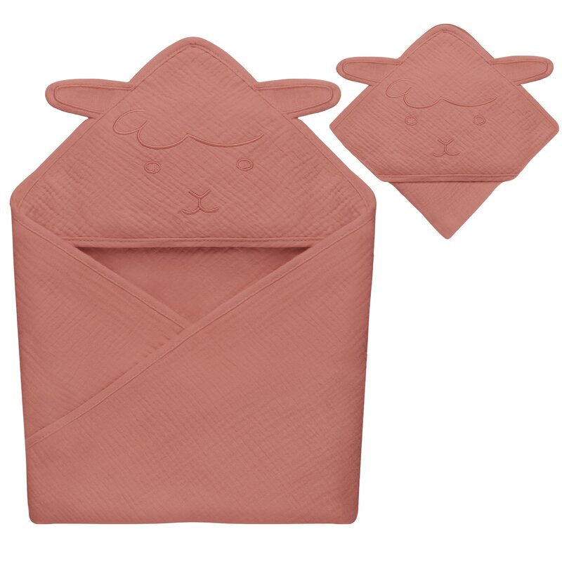 Prosop de baie, Lionelo, Cu gluga, Din muselina, 100% bumbac, 80x80 cm, Absorbtie eficienta, Rosu