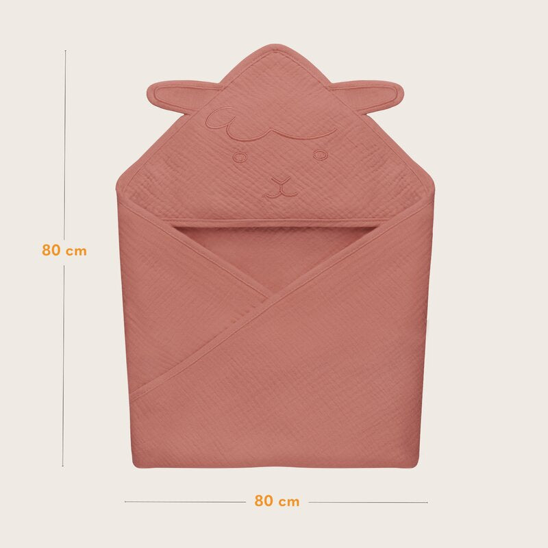 Prosop de baie, Lionelo, Cu gluga, Din muselina, 100% bumbac, 80x80 cm, Absorbtie eficienta, Rosu