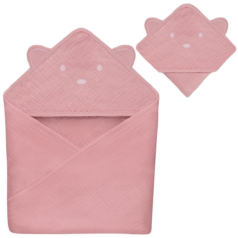 Prosop de baie, Lionelo, Cu gluga, Din muselina, 100% bumbac, 80x80 cm, Absorbtie eficienta, Roz