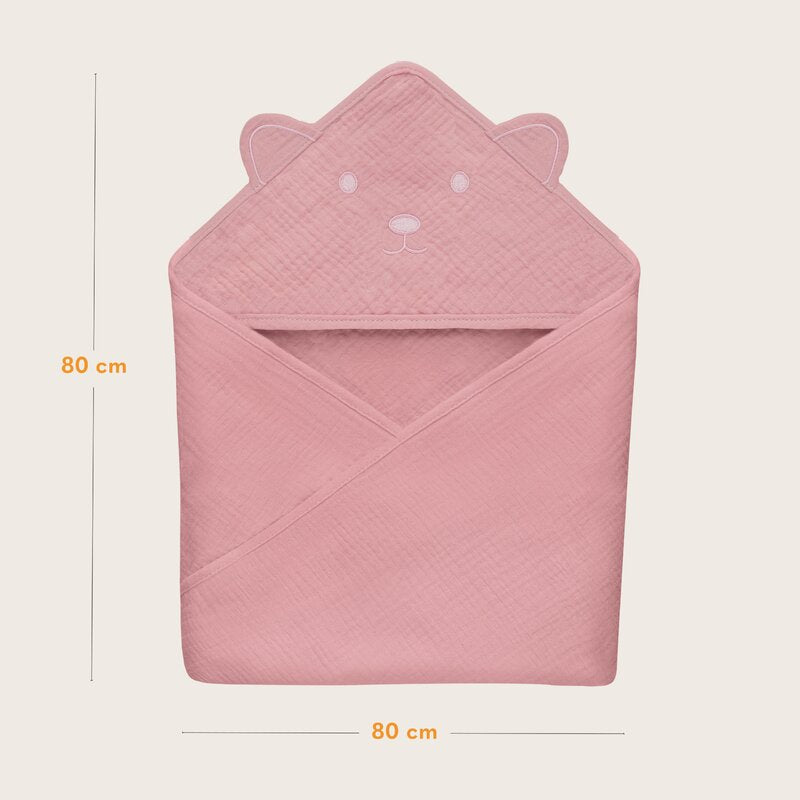 Prosop de baie, Lionelo, Cu gluga, Din muselina, 100% bumbac, 80x80 cm, Absorbtie eficienta, Roz