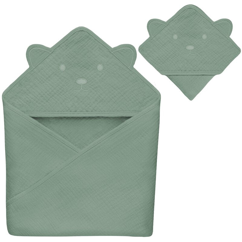 Prosop de baie, Lionelo, Cu gluga, Din muselina, 100% bumbac, 80x80 cm, Absorbtie eficienta, Verde