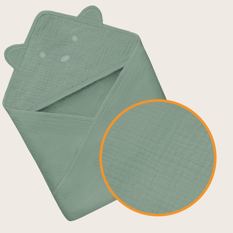Prosop de baie, Lionelo, Cu gluga, Din muselina, 100% bumbac, 80x80 cm, Absorbtie eficienta, Verde