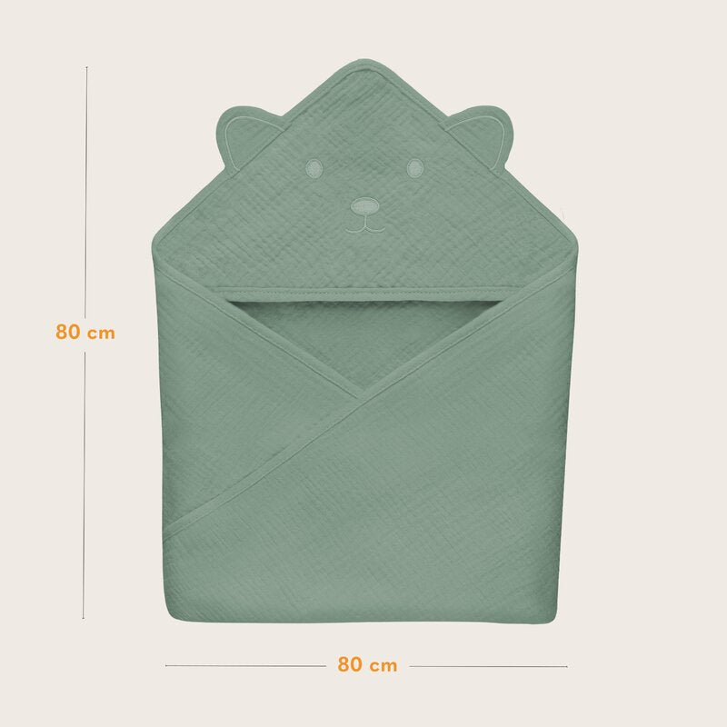 Prosop de baie, Lionelo, Cu gluga, Din muselina, 100% bumbac, 80x80 cm, Absorbtie eficienta, Verde