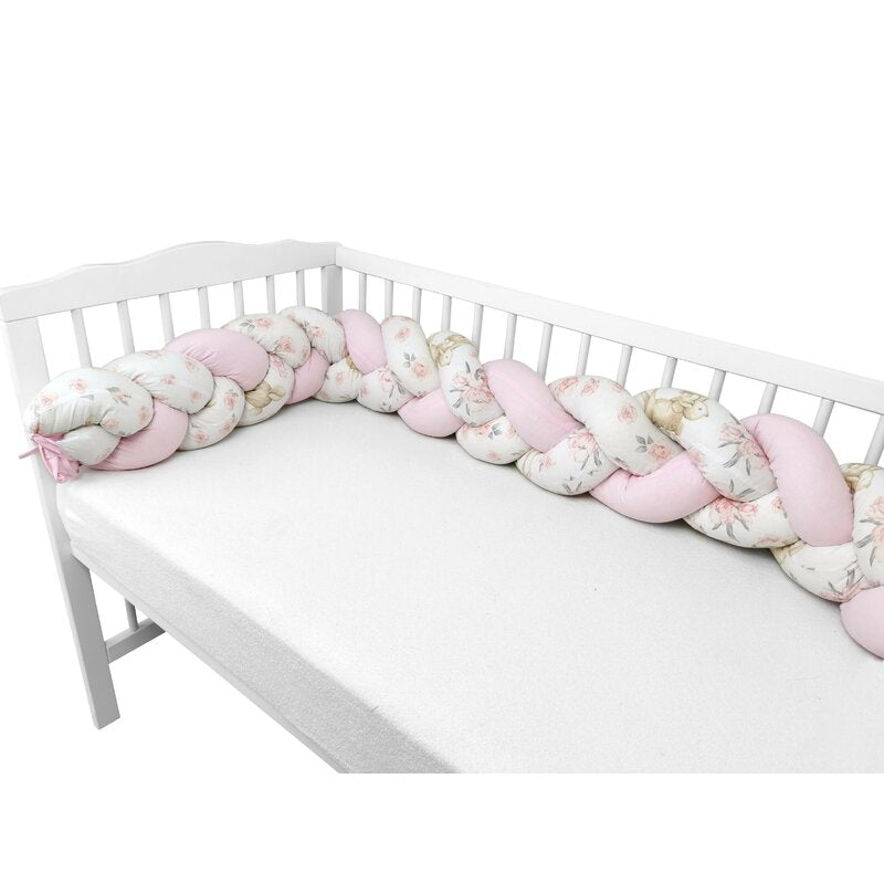 Protectie laterala, MimiNu, Pentru patut bebe, Tip Bumper impletit, Din bumbac, Din materiale certificate Oeko Tex Standard 100, Lungime 220 cm, Sweet Deer Pink