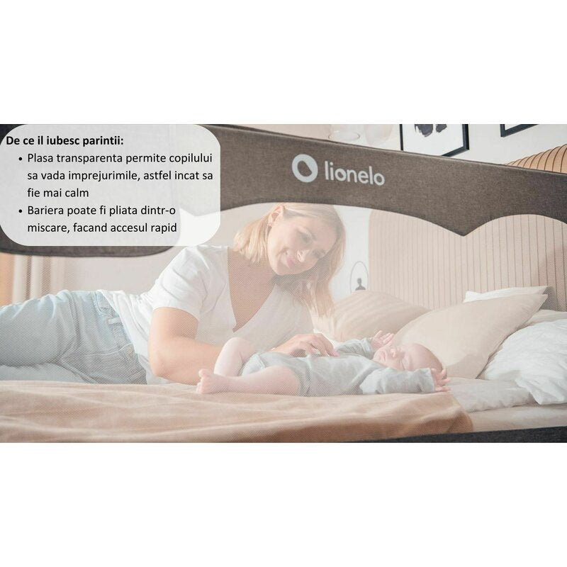 Protectie laterala pat, Lionelo, Hanna, Cu buzunar accesorii, 150x66 cm, Conform cu standardul european de securitate BS7072, Bej