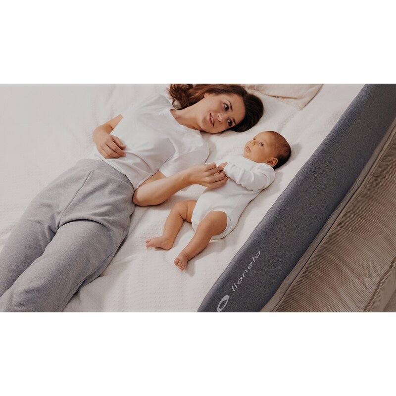 Protectie laterala pat, Lionelo, Lora, Pliabila, Sistem de blocare StandSafe, Geanta de transport inclusa, 105 x 45 cm, Bej