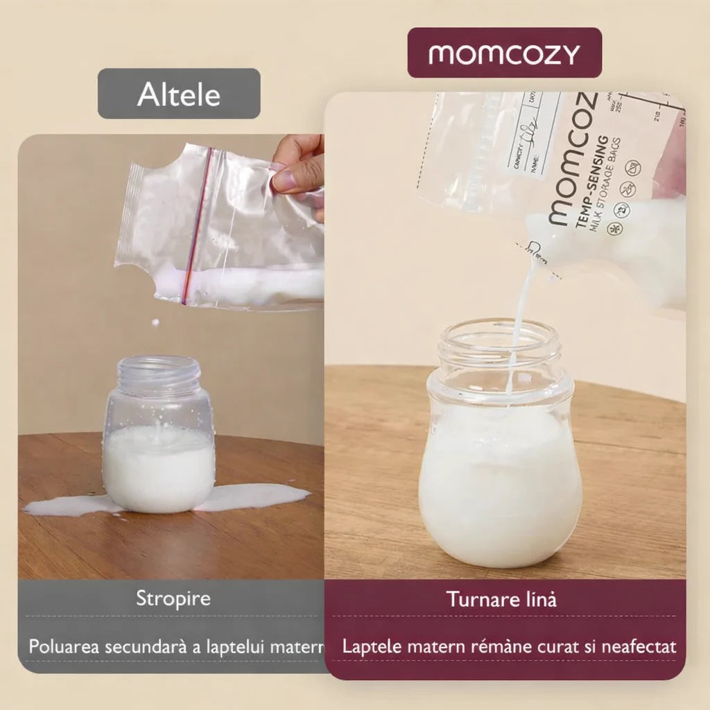 Pungi de stocare a laptelui matern cu turnare usoara si senzor temperatura- 240 ml Momcozy 120 buc