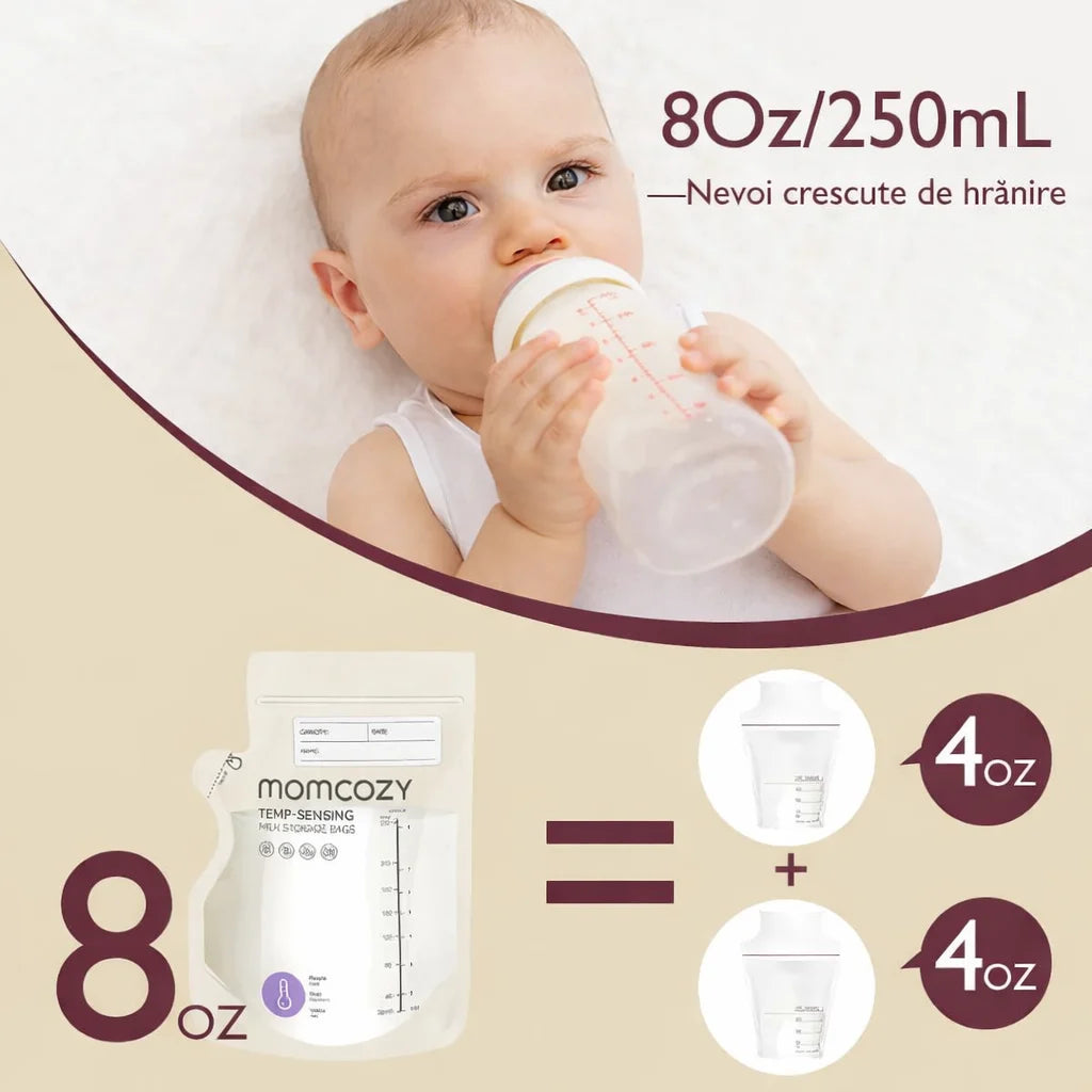 Pungi de stocare a laptelui matern cu turnare usoara si senzor temperatura- 240 ml Momcozy 120 buc