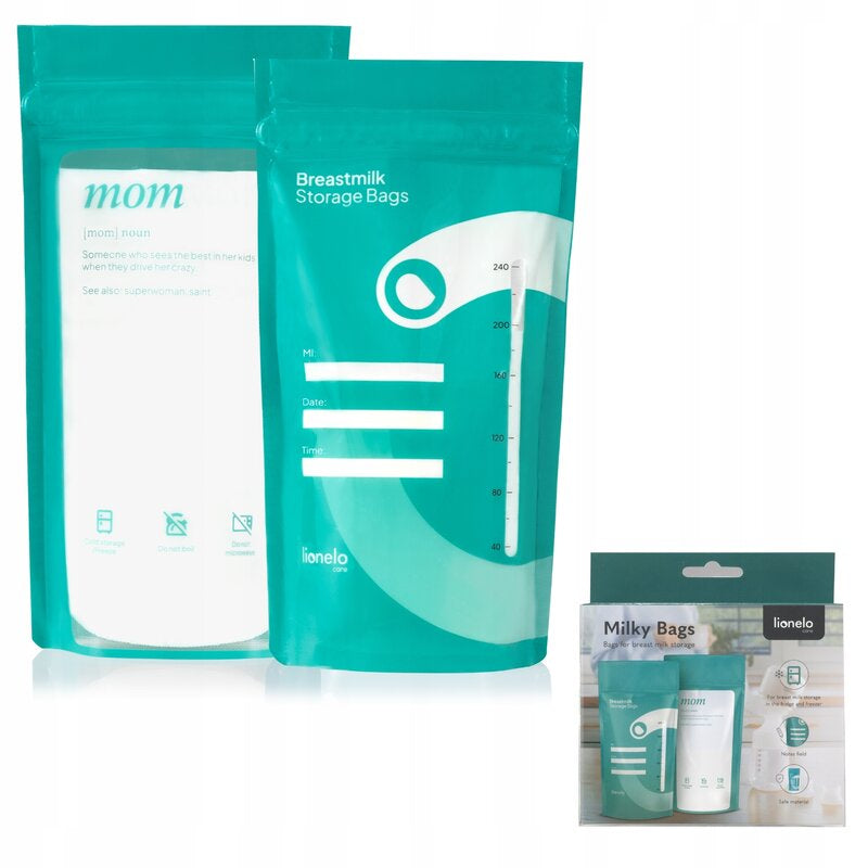 Pungi pentru stocare lapte, Lionelo, 30 buc, Fara BPA, 240 ml, Gradate, Rezistente la congelare si incalzire pana la 70 grade, Transparent/ Multicolor