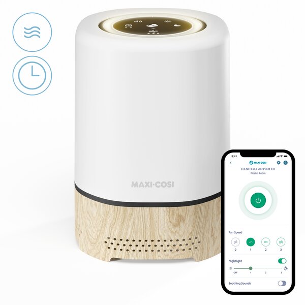 Purificator de Aer 3-in-1 Maxi-Cosi Clean, Filtru HEPA 13, Lampă de Noapte, Sunete Liniștitoare, Alb