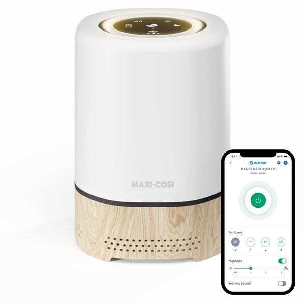 Purificator de Aer 3-in-1 Maxi-Cosi Clean, Filtru HEPA 13, Lampă de Noapte, Sunete Liniștitoare, Alb