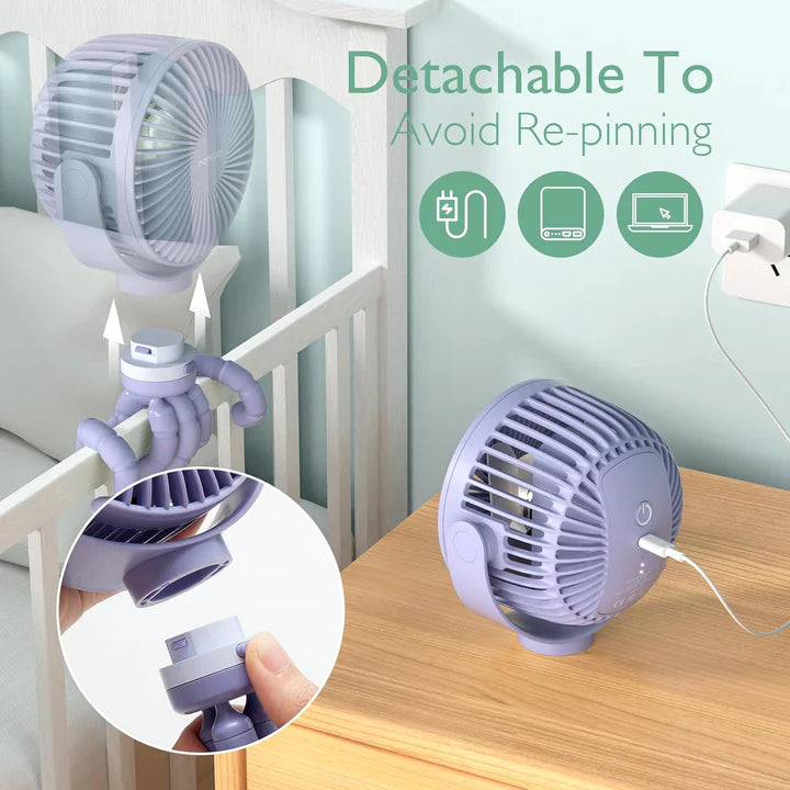 Ventilator 360 grade MULTIFUNCTIONAL portabil pentru carucior Momcozy, 4 viteze,cu acumulator 8000 mAh si Lumina Led - Mov MOMCOZY