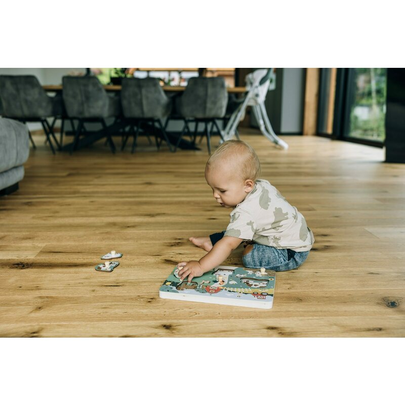 Puzzle muzical din lemn, Free2Play, Cu animalute de la ferma, Cu sunete, Cu maner, Stimuleaza simturile, invatarea prin joc si imaginatia, 29,8 x 21,2 x 3,8 cm, Farm