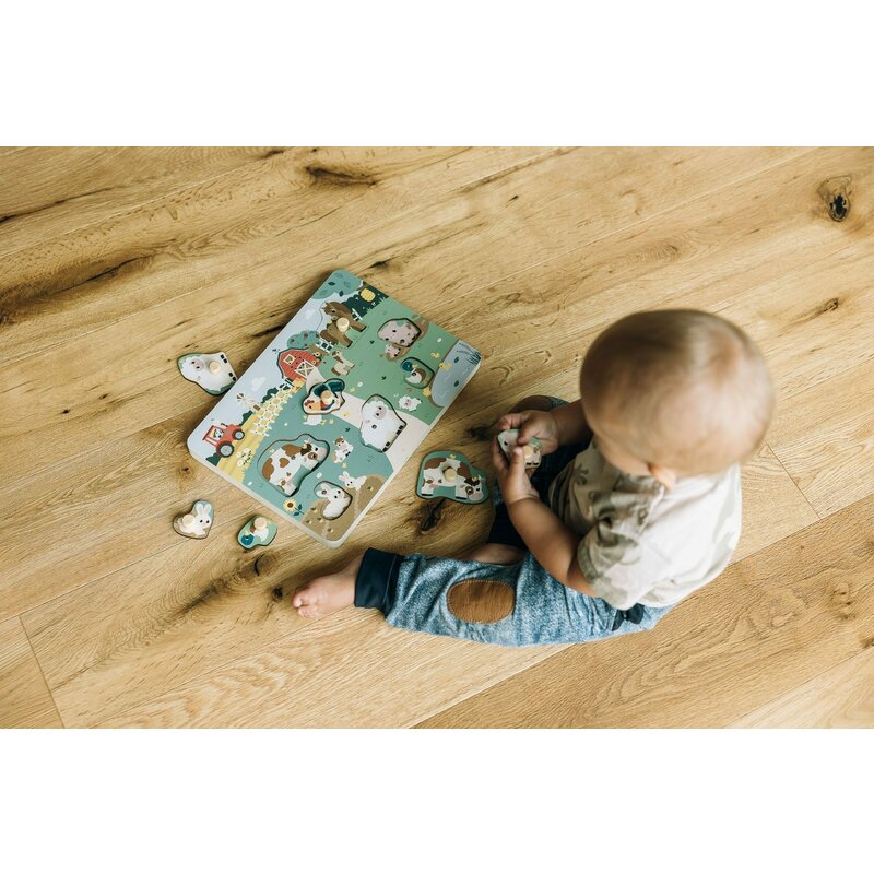 Puzzle muzical din lemn, Free2Play, Cu animalute de la ferma, Cu sunete, Cu maner, Stimuleaza simturile, invatarea prin joc si imaginatia, 29,8 x 21,2 x 3,8 cm, Farm