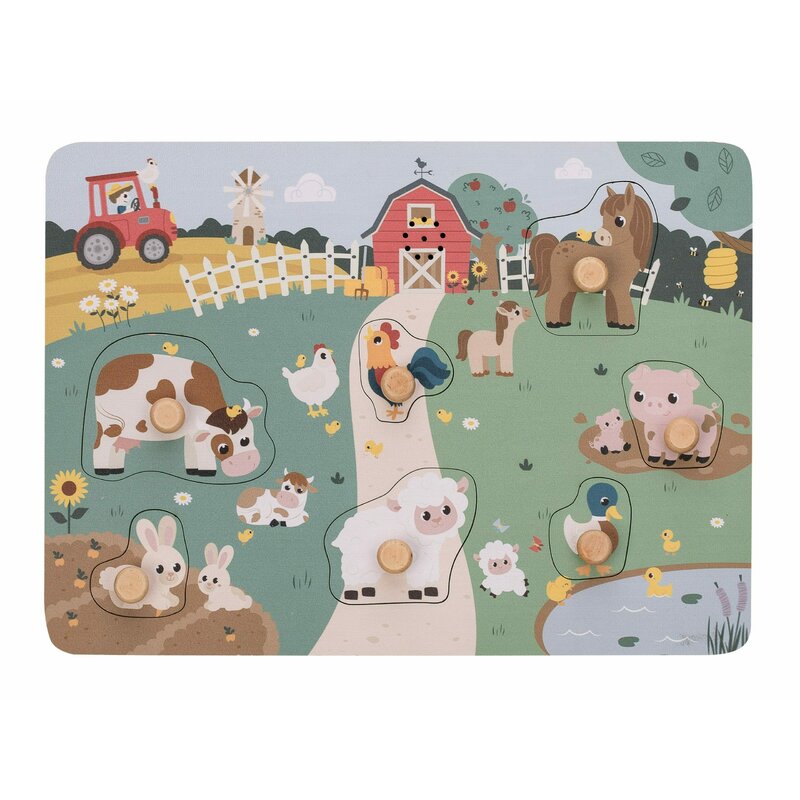 Puzzle muzical din lemn, Free2Play, Cu animalute de la ferma, Cu sunete, Cu maner, Stimuleaza simturile, invatarea prin joc si imaginatia, 29,8 x 21,2 x 3,8 cm, Farm