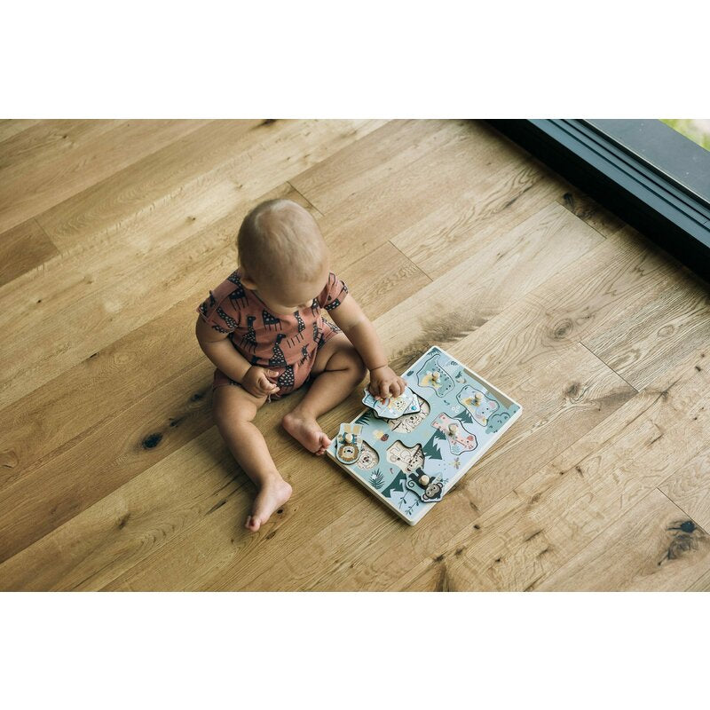 Puzzle muzical din lemn, Free2Play, Cu animalute din jungla, Cu sunete, Cu maner, Stimuleaza simturile, invatarea prin joc si imaginatia, 30x21,5x3,5 cm, Jungle