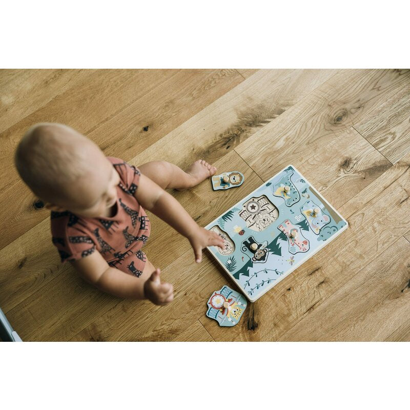 Puzzle muzical din lemn, Free2Play, Cu animalute din jungla, Cu sunete, Cu maner, Stimuleaza simturile, invatarea prin joc si imaginatia, 30x21,5x3,5 cm, Jungle