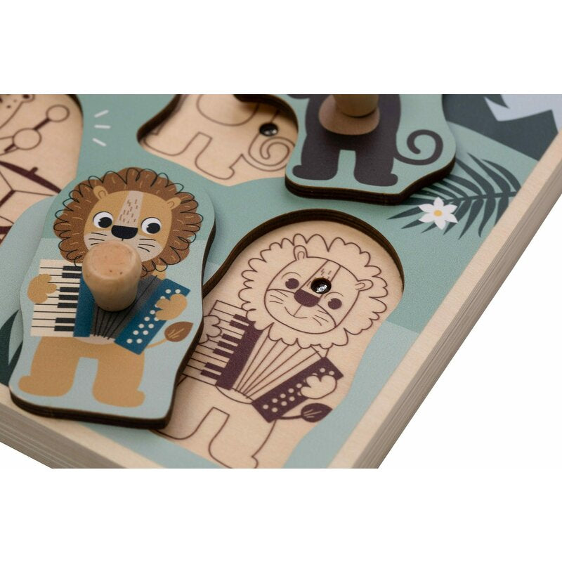 Puzzle muzical din lemn, Free2Play, Cu animalute din jungla, Cu sunete, Cu maner, Stimuleaza simturile, invatarea prin joc si imaginatia, 30x21,5x3,5 cm, Jungle