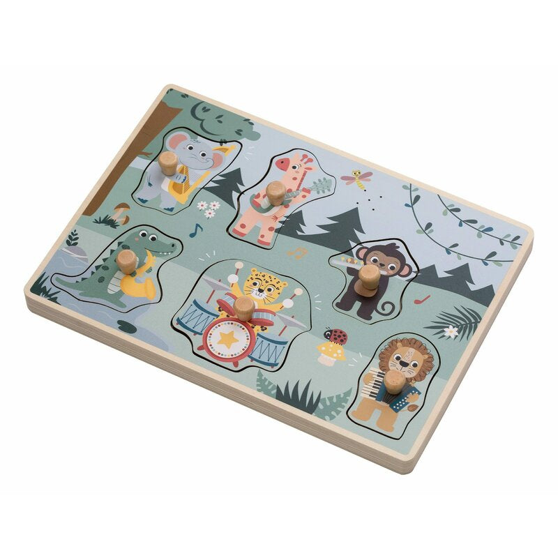 Puzzle muzical din lemn, Free2Play, Cu animalute din jungla, Cu sunete, Cu maner, Stimuleaza simturile, invatarea prin joc si imaginatia, 30x21,5x3,5 cm, Jungle
