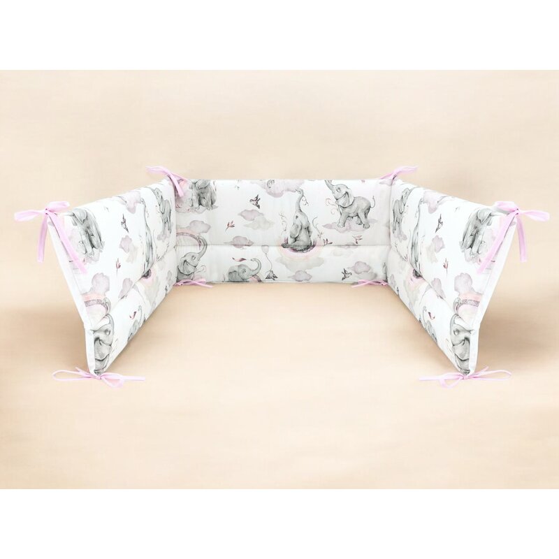 Apărătoare pătuț Qmini Elephants on Rainbow Pink 210x30 cm – imagine 6