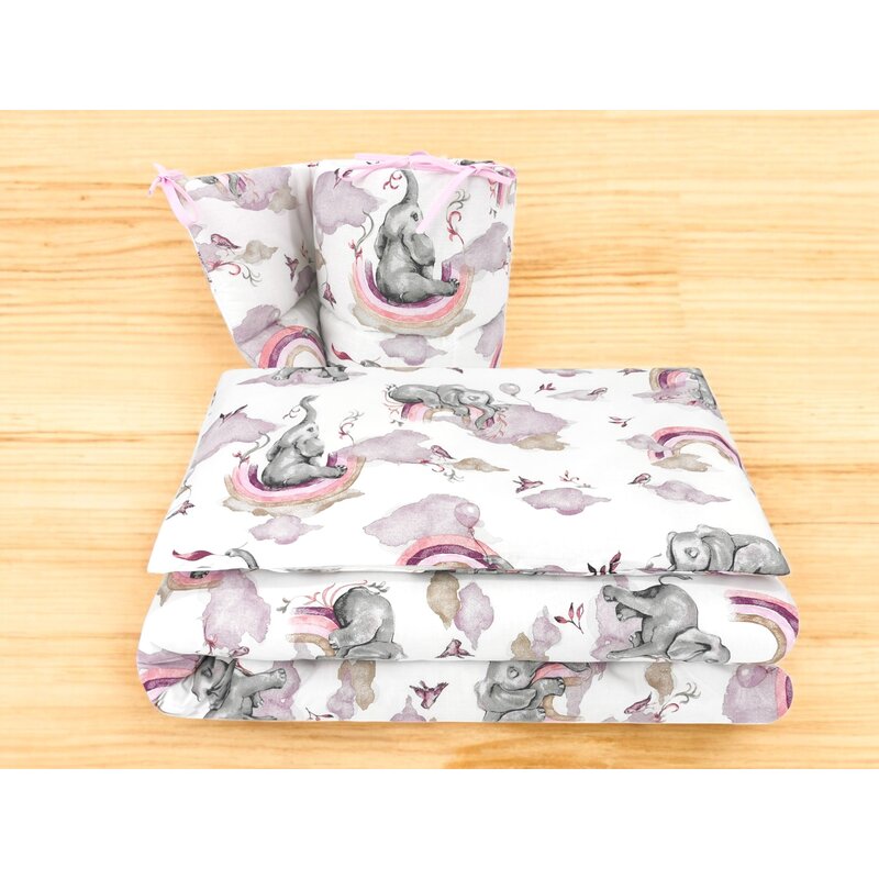 Lenjerie pătuț Qmini Elephants on Rainbow Pink 120x60 cm, 3 piese – imagine 8
