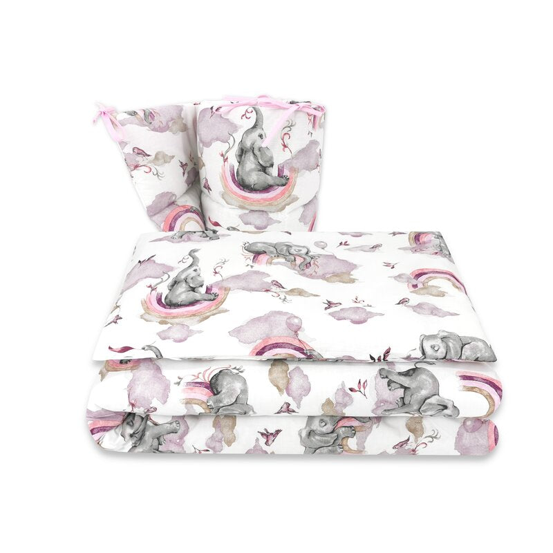 Lenjerie pătuț Qmini Elephants on Rainbow Pink 140x70 cm, 3 piese – imagine 7