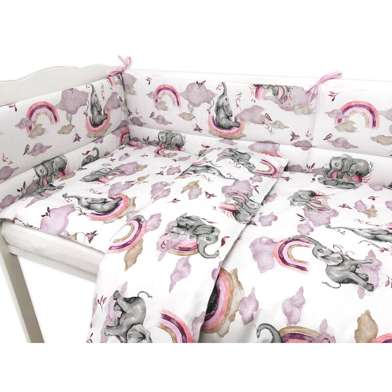 Lenjerie pătuț Qmini Elephants on Rainbow Pink 140x70 cm, 3 piese – imagine 9
