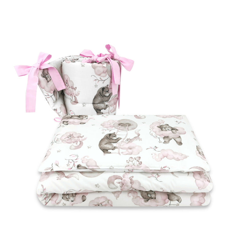 Lenjerie pătuț Qmini Teddy Bear & Friends Pink 140x70 cm, 3 piese – imagine 6