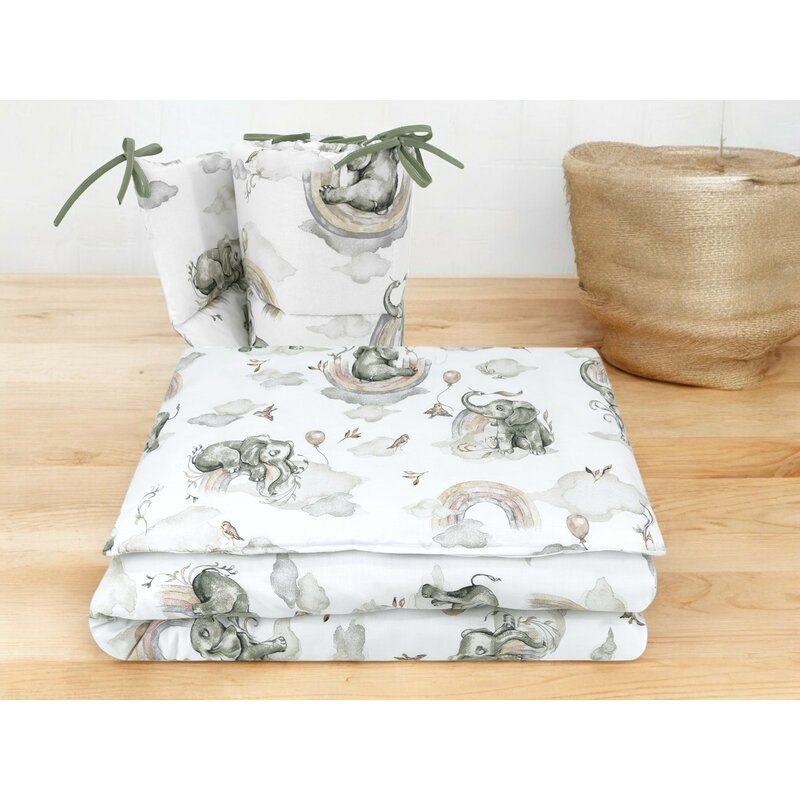 Lenjerie patut 3 piese, Qmini, Pentru patut 120x60 cm, Cu protectie laterala, Din bumbac certificat Oeko Tex Standard 100, Elephants on Rainbow