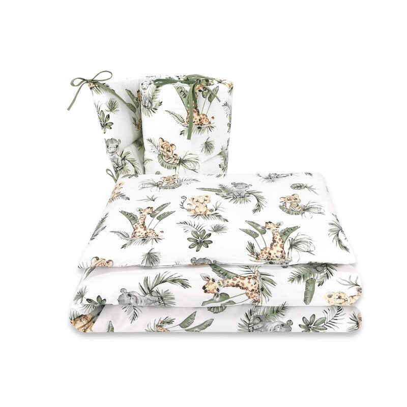 Lenjerie patut 3 piese, Qmini, Pentru patut 120x60 cm, Cu protectie laterala, Din bumbac certificat Oeko Tex Standard 100, Safari