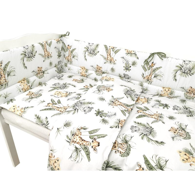 Lenjerie patut 3 piese, Qmini, Pentru patut 120x60 cm, Cu protectie laterala, Din bumbac certificat Oeko Tex Standard 100, Safari