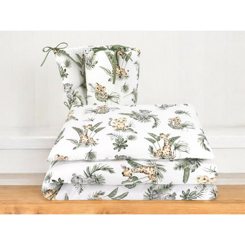Lenjerie patut 3 piese, Qmini, Pentru patut 120x60 cm, Cu protectie laterala, Din bumbac certificat Oeko Tex Standard 100, Safari