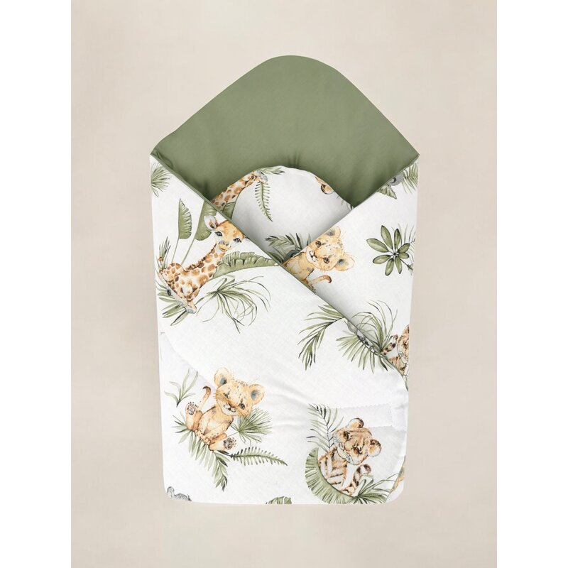 Paturica de infasat, Qmini, Cu doua fete, Cu multiple utilizari, Cu inchidere arici velcro, Dimensiune 75x75 cm, Din bumbac certificat Oeko Tex Standard 100, Safari