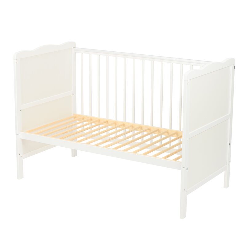 Patut din lemn bebe, 120x60 cm, Cu sertar, Cu sina speciala pentru dentitie, Multifunctional, EN716-1, EN716-2, Alb, Qmini, Julia