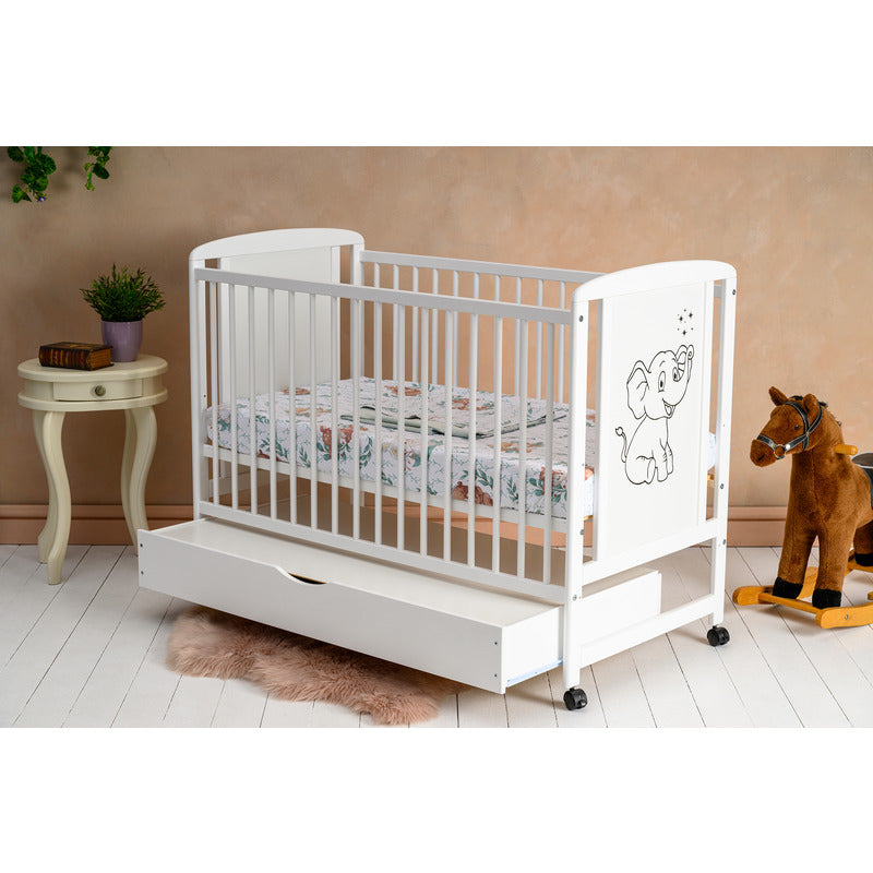 Pătuț din Lemn Qmini Timmi Elephant 120x60 cm cu Sertar + Saltea 12 cm