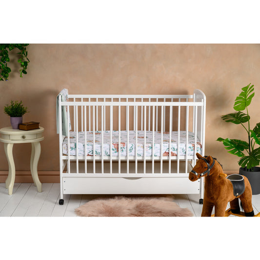 Pătuț din Lemn Qmini Timmi Elephant 120x60 cm cu Sertar + Saltea 12 cm