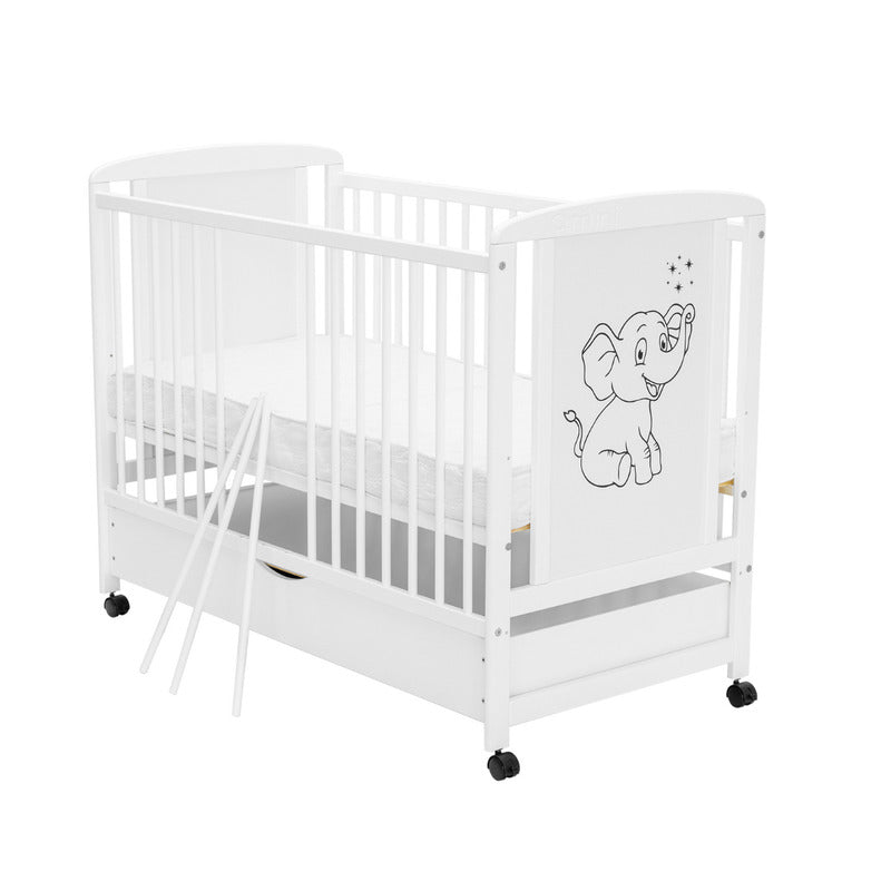 Pătuț din Lemn Qmini Timmi Elephant 120x60 cm cu Sertar + Saltea 12 cm
