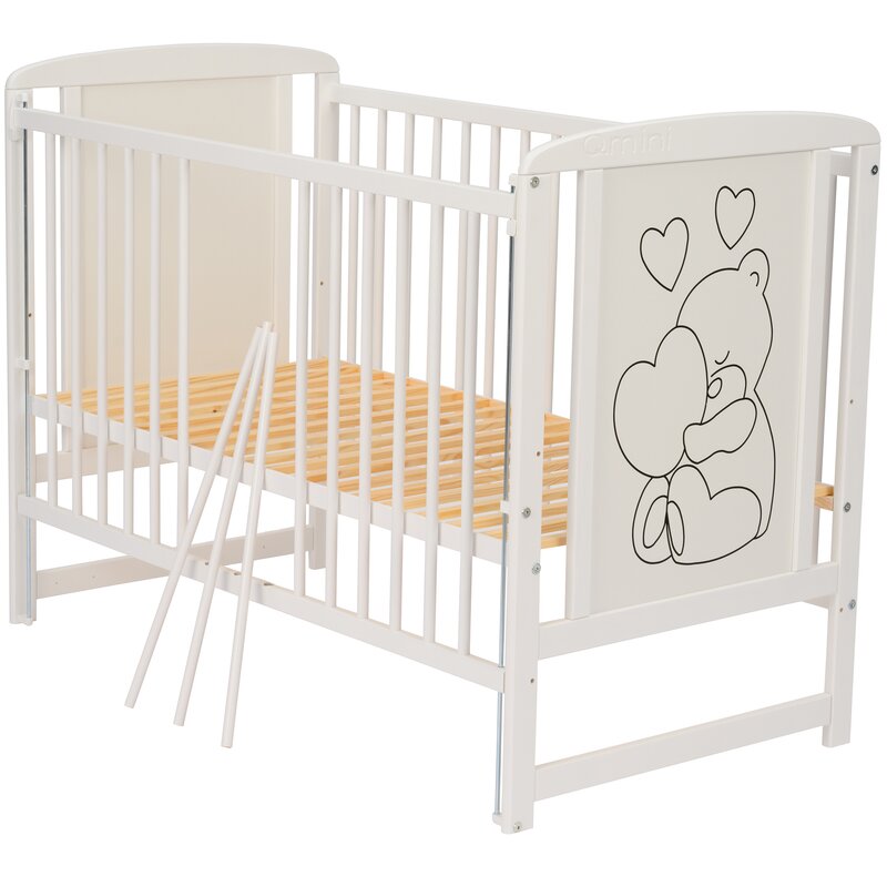 Patut din lemn, 120x60 cm, Cu laterala culisanta, Din lemn de pin si mdf, Stabil si rezistent, Inaltime saltea reglabila pe 3 nivele, Laterala cu 3 bete detasabile, EN716-1, EN716-2, Alb, Qmini, Timmi Heart + Saltea 10 cm