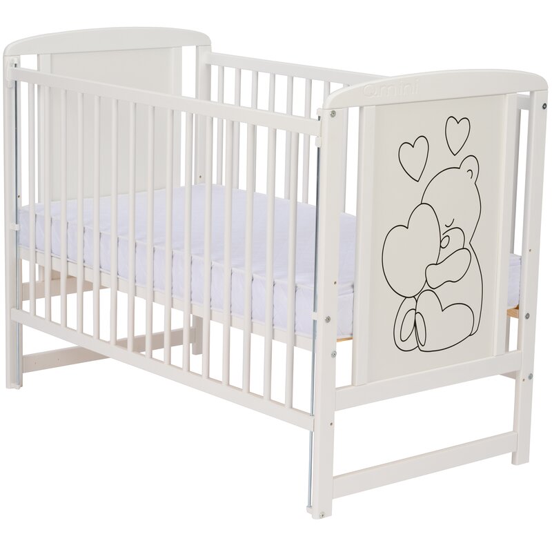 Patut din lemn, 120x60 cm, Cu laterala culisanta, Din lemn de pin si mdf, Stabil si rezistent, Inaltime saltea reglabila pe 3 nivele, Laterala cu 3 bete detasabile, EN716-1, EN716-2, Alb, Qmini, Timmi Heart + Saltea 10 cm