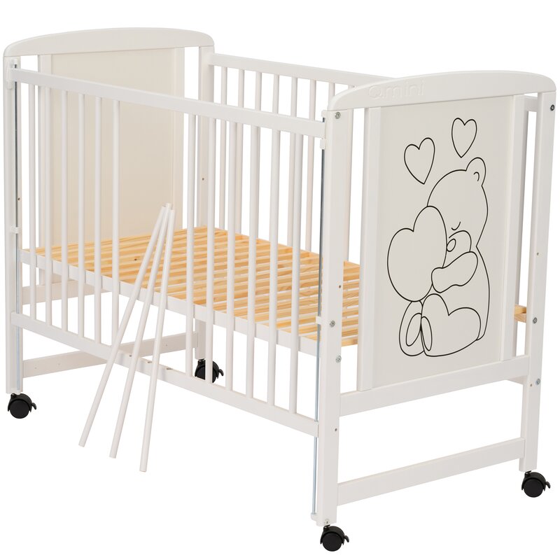 Patut din lemn, 120x60 cm, Cu laterala culisanta, Din lemn de pin si mdf, Stabil si rezistent, Inaltime saltea reglabila pe 3 nivele, Laterala cu 3 bete detasabile, EN716-1, EN716-2, Alb, Qmini, Timmi Heart + Saltea 10 cm