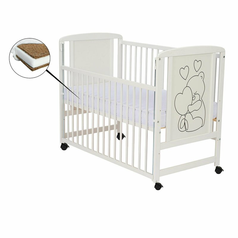 Patut din lemn, 120x60 cm, Cu laterala culisanta, Din lemn de pin si mdf, Stabil si rezistent, Inaltime saltea reglabila pe 3 nivele, Laterala cu 3 bete detasabile, EN716-1, EN716-2, Alb, Qmini, Timmi Heart + Saltea 10 cm