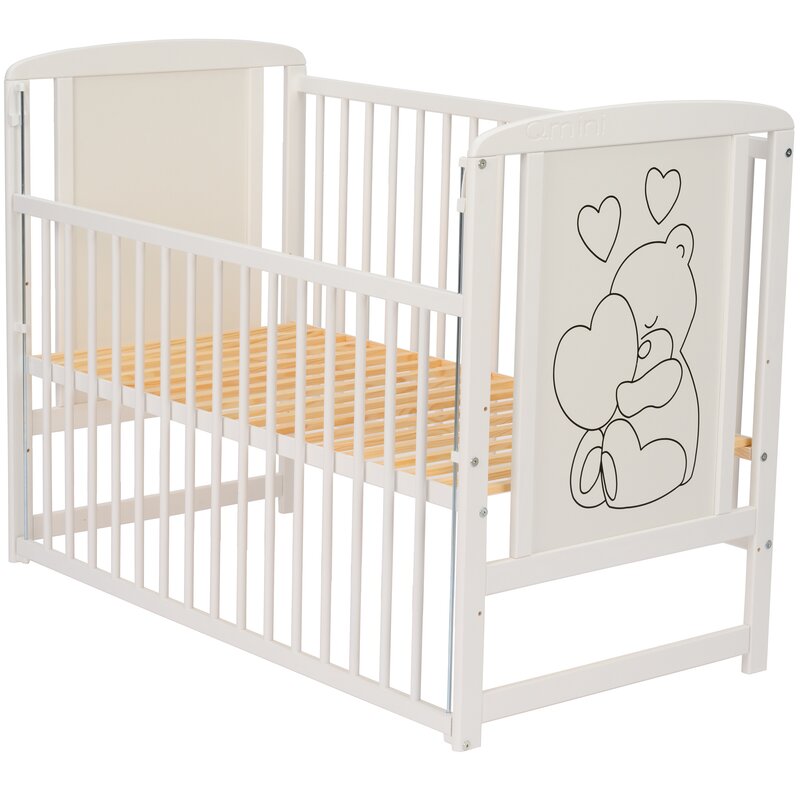 Patut din lemn, 120x60 cm, Cu laterala culisanta, Din lemn de pin si mdf, Stabil si rezistent, Inaltime saltea reglabila pe 3 nivele, Laterala cu 3 bete detasabile, EN716-1, EN716-2, Alb, Qmini, Timmi Heart + Saltea 12 cm